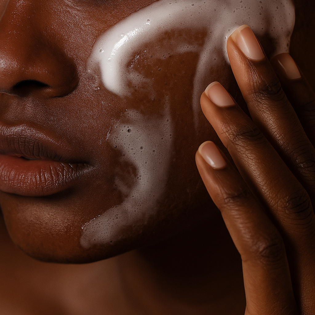 Routine double nettoyage visage pour une peau éclatante et naturelle dans une salle de bain minimaliste