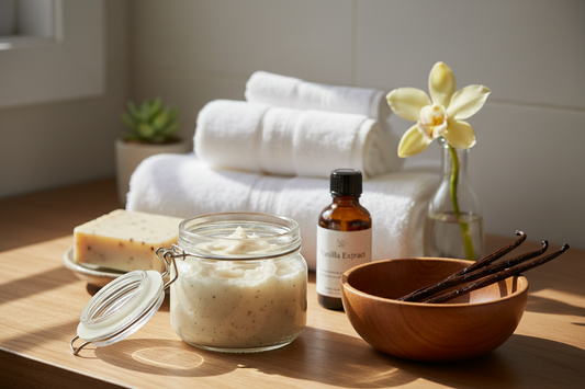 Soins beauté naturels à la vanille avec gommage maison, savon artisanal et ambiance spa relaxante